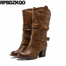 Botas de tacón alto con punta redonda para mujer, botines de estilo Vintage, Cowboy, Cowgirl, color marrón, 2021 2024 - compra barato