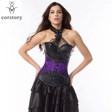 Steampunk Purple Brocade & Black Leather Corset Tops Gothic Clothes Sexy Halter Steel Boned Bustier Plus Size Burlesque Overbust 2024 - buy cheap