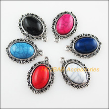 Fashion 12Pcs Tibetan Silver Color Oval Mixed Stone Charms Pendant 16.5x23mm 2024 - buy cheap