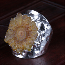 Natural Drusy Crystal Flower Stone Slice Yellow Bead Charm Open Charm Metal Wrap Hammered Resizable Ring Cuff For Woman Man 2024 - buy cheap