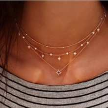 Delicate Women Fashion Stars Sun Beaded Crystal Triple Layered Gold Chain Choker Necklace 2024 - buy cheap