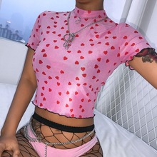 Nova chegada 2019 rosa kawaii recortado tshirt topo coração impressão bonito mulher roupas de manga curta sexy malha verão t camisa 2024 - compre barato