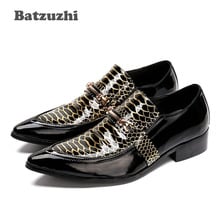 Batzuzhi sapatos masculinos de couro patenteado, sapatos estilo italiano de dedo fino preto, sapatos sociais para homens com padrão de cobra dourada, sapatos de casamento masculinos, 38-46 2024 - compre barato