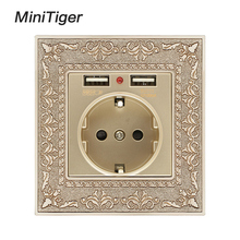 Minitiger-painel retrô de liga de zinco, 16a, dourado, padrão europeu, tomada de parede com usb duplo, porta de carregamento 2.1a, painel em relevo 2024 - compre barato