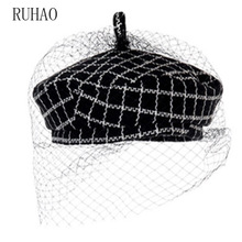 RUHAO women hat Cap fashion casual British Japanese mesh plaid beret black party hat 2024 - buy cheap