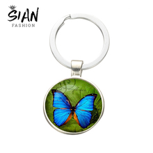 SIAN New Fashion Blue Butterfly Keychain Art Picture Glass Cabochon Animal Key Ring Bag Charms for Women Nature Jewelry Chaveiro 2024 - buy cheap