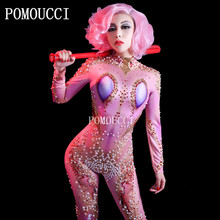 Feminino sexy palco rosa macacão strass pérola palco wear para dança do cantor trajes discoteca festa desempenho trajes 2024 - compre barato