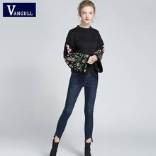 Vangull 2019 Women Embroidery Floral Pattern Black Sweatshirts Long Wide Sleeve Spring Autumn Pullover Vintage Loose Casual Tops 2024 - buy cheap