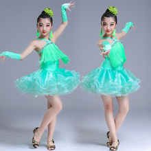 Girls Children Latin Dance Skirt Fringed Sequins Modern Dance Dress  Kids Green Salsa Tango Performance Dance Wear Costumes 2024 - buy cheap