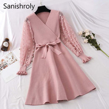 Sanishroly 2018 Autumn Sweater Mulheres Vestido Caixilhos Bow Floral Vestidos De Malha Feminina Com Decote Em V Malha Patchwork Midi Longo Vestidos 323 2024 - compre barato