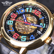 Winner Colourful Number Design Transparent Genuine Leather Belt Waterproof Skeleton Man Automatic Watches Top Brand Luxury Clcok 2024 - buy cheap