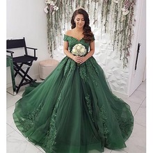 Off Shoulder Forest Green Prom Dress Boat Neck Appliques Vestidos de fiesta Dress Horsehair Hem Chapel Train Occasion Prom Gown 2024 - buy cheap