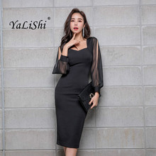 Spring Women Solid Pencil Dress 2019 Plus Size Black Full Sleeve Strapless Knee-length Chiffon Elegant Office Party Lady Dresses 2024 - buy cheap