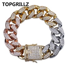 Topgalisz pulseira masculina, em ouro banhado a prata tricolor, de zircônia cúbica, corrente cubana, joias de hip hop, presentes 2024 - compre barato