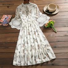 Mori menina doce vestidos de verão feminino floral impresso longo chiffon vestido feminino bowknot manga curta babados longo 2024 - compre barato