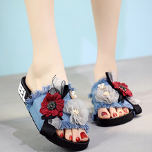Lace bow-tied camellia slippers girls summer flats lazy wedges shoes women 2019 new brand denim cool sandals flip flops mujer 2024 - buy cheap