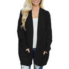Suéter longo com bolsos, cardigan feminino casual de manga comprida, suéter aberto de tamanho grande com bolsos para outono e inverno 2024 - compre barato