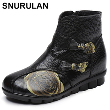 SNURULAN Folk Style Winter Genuine Leather Boots For Women With Fleeces Spring Cow Leather Flat Low Heel Vintage Handmade Boots 2024 - buy cheap