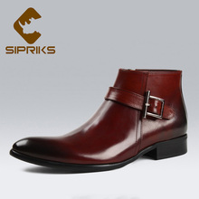 Sipriks Mens Genuine Leather Red Brown Zipper Boots Fashion Pointed Toe Ankle Boots With Buckle Dress Shoes European Black Boots 2024 - buy cheap