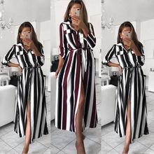 2019 Office Lady Turn-Down Collar Button Lace Up Long Shirt Dress Women Autumn Spring Long Sleeve Stripe Maxi Dresses 2024 - buy cheap