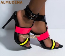 ALMUDENA Glossy Pink Neon Yellow Ring Buckle Sandals Metal Buckle Strap Decorated High Heel Shoes Mixed Color Wedding Heel Pumps 2024 - buy cheap