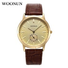 Woonun famosa marca de luxo ouro relógios masculinos couro genuíno banda quartzo relógios ultra fino vestido de pulso pequeno seocnds 2024 - compre barato