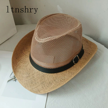 Летняя Мужская дышащая сетчатая ковбойская шляпа с широкими полями, джазовая шляпа для путешествий, Солнцезащитная женская шляпа с широкими полями в западном стиле, Солнцезащитная шляпа унисекс 2024 - купить недорого