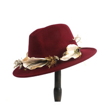 Chapéu tipo fedora com aba larga, chapéu feminino de lã 100% com flor para inverno, elegante, chapéu fascinator da igreja jazz 56-60 tamanhos 2 2024 - compre barato