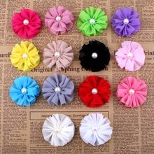 30pcs/lot 6.5cm14colors Ruffled Ballerina Chiffon Flower With Pearl For Hair Accessories Artificial Fabric Flowers For Headband 2024 - buy cheap