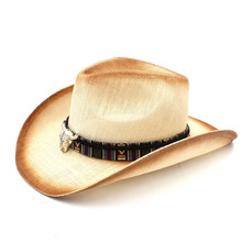 2019 Mulheres Homens De Palha Chapéu de Sol Com Bohemian Touro Banda de Cabeça Para A Senhora Pai Sol Sombrero Hombre Ocidental Cowboy Jazz tampas Tamanho 58 CM 2024 - compre barato