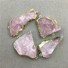 Freeform Pink Crystal Quartz Connector Charm,Roses Quartz Druzy Gold Color Cladding Double Bails Necklace Pendant MY1516 2024 - buy cheap