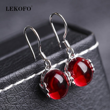 LEKOFO New Vintage Drop Earrings Women Natural Stone Red Corundum Rhinestones 925 Sterling Silver Earring Fashion Jewelry 2024 - buy cheap