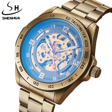 SHENHUA Luxury Brand Mens Automatic Skeleton Mechanical Watches For Males Retro Bronze Steampunk Full Steel Wristwatches Gifts 2024 - buy cheap