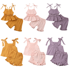 Летние хлопковые льняные топы для маленьких девочек, платье, шорты, комплект одежды, От 1 до 6 лет 2024 - купить недорого