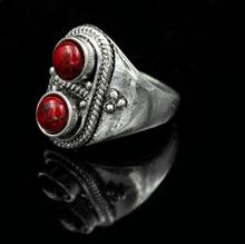 Anillo de plata del Tíbet antiguo, anillos de dos o cuatro piedras, turquesas, coral, hueco 2024 - compra barato