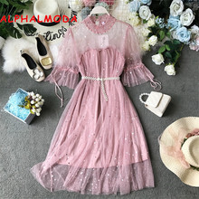 ALPHALMODA 2019 Summer Women's New Fairy Dress Beaded Sashes Perspective Sparkling Sweet Ladies Lace Dress Vestidos 2024 - buy cheap