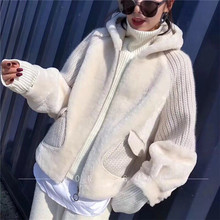 2018 new knitted wool sleeve patchwork with faux rex rabbit fur coat women Loose hooded fur coat F1052 2024 - buy cheap