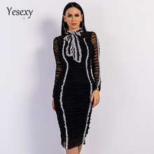 Yesexy 2021 Sexy Bow Tie High Neck Long Sleeve Women Dress Female Bodycon Flower Side Elegant Party Knee Length Dress VR8954 2024 - buy cheap
