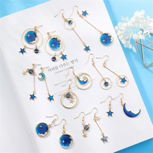 Japanese and  korean fresh blue stars moon earrings asymmetric planet geometry round long earrings ear clip women gift jewelry 2024 - buy cheap