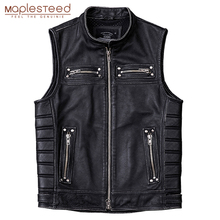 Vintage Edging Black Motorcycle Leather Vest Men 100% Calf Skin Vests Moto Man Biker Waistcoat Sleeveless Jacket M208 2024 - buy cheap