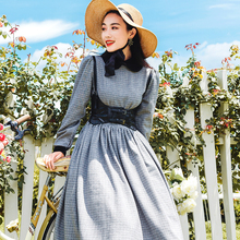 2019 invierno estilo palaciego mujeres de alta cintura Plaid Vestido de manga larga francés Vintage 50s60s Audrey Hepburn Vintage vestidos de fiesta 2024 - compra barato