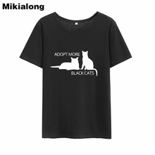 Mikialong-Camiseta de dibujos animados de gato negro para mujer, blusa Kawaii de manga corta de algodón, Camiseta holgada de cuello redondo para mujer 2018 2024 - compra barato