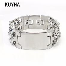 Pulseira masculina, bracelete simples de cor prata de aço inoxidável com corrente de elos, pulseira para mulheres/homens, joias com laser 2024 - compre barato