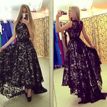 robe de soiree 2017 Black Lace Hi-Low Short Front Long Back Long Evening Dresses Elegant O-Neck Plus Size Evening Party Gowns 2024 - buy cheap