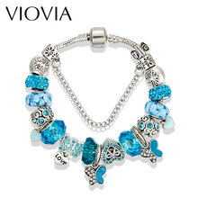 VIOVIA Butterfly Fashion Blue Crystal Beads Bracelets & Bangle Fit Original Charm Bracelets Nice For Women Pulseras Mujer B16100 2024 - buy cheap