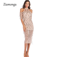 Ziamonga New Trend Tassel Sequin Dresses Women Chic Elegant Sexy Evening party Midi Dress Off Shoulder Ladies Sequins Mesh Dress 2024 - buy cheap