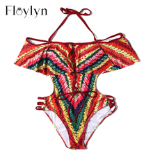 Floylyn-bañador Sexy de una pieza para mujer, traje de baño con estampado de arcoíris, Monokini con volantes, Retro, Halter, Vintage, para niñas 2024 - compra barato