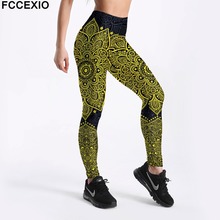 FCCEXIO-mallas de entrenamiento para mujer, Leggings de cintura alta, con estampado 3D de Mandala amarillo, mallas de pierna de gran tamaño 2024 - compra barato