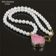 Colar de pedra drusa rosa para mulheres, cristal natural branco, redondo, miçangas, pedras de quartzo, pingentes, jóias statement 2024 - compre barato