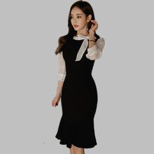 JSXDHK Women Black White Patchwork Fishtail Dress 2021 Fashion Female Ruffles Tie Bowknot Bodycon Dress Office Ladies Clothing 2024 - buy cheap